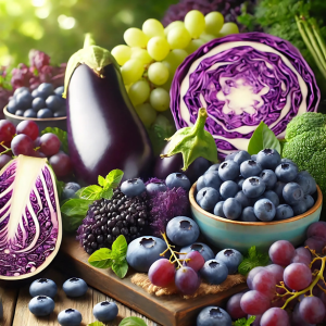 Alimentos de cores roxo e azul
